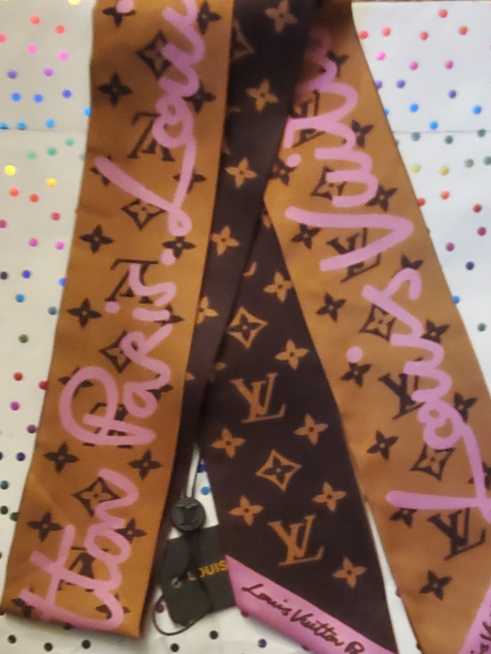 100% Silk SKINNY Bag Twilly, Scarf,Hairtie; Brown and Pink Monogram